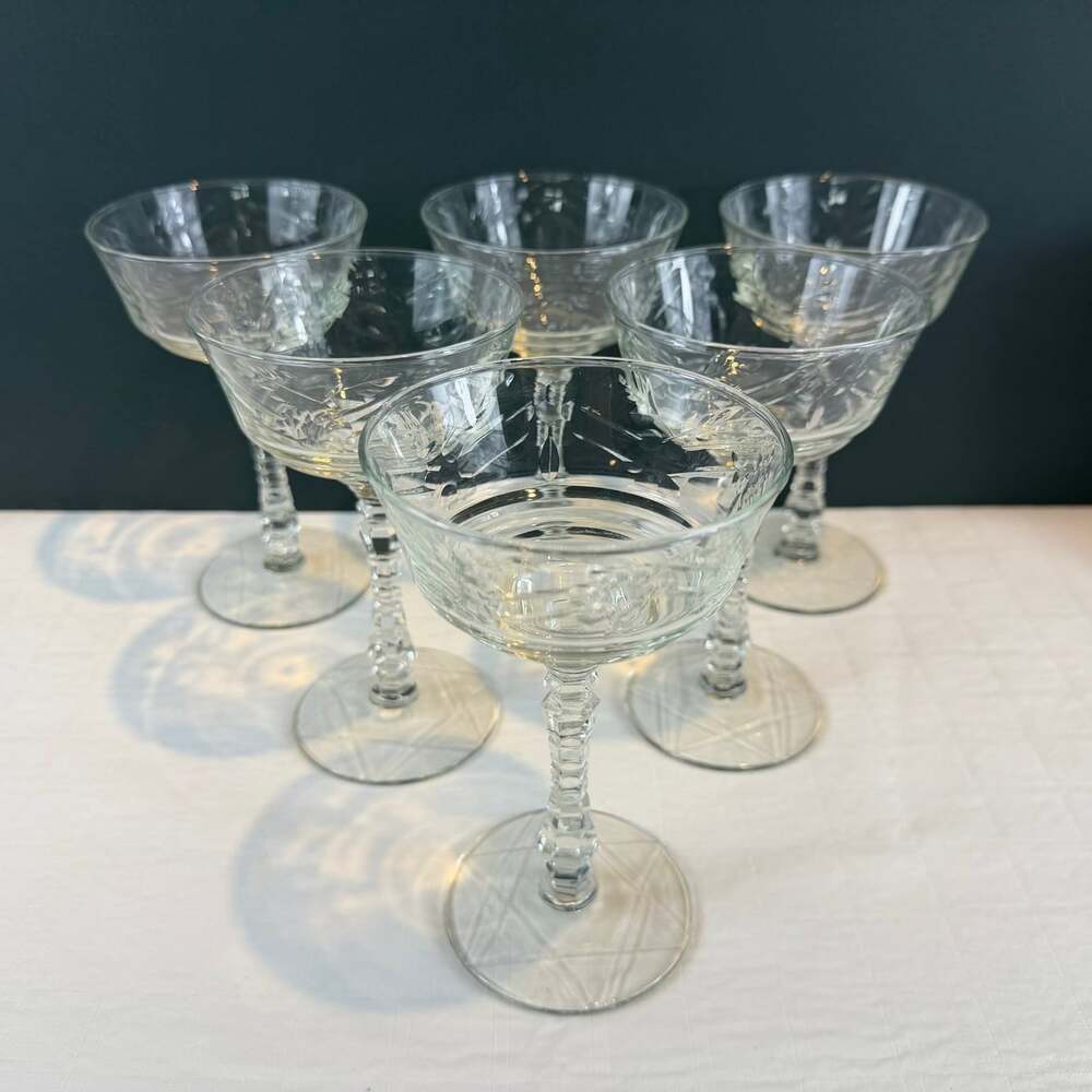 Libbey Rock Sharpe Arctic Rose champagne coupe Glasses 6 Cut Stemware etched
